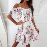 Vintage Flower Print Cold Shoulder Flowy Dress Women Spaghetti Strap Ruffle Tiered Mini Sundress Summer Daily Casual Dress