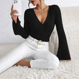 New Women's V-neck Horn Sleeve Wine Red T-shirt Fall/Winter Slim Fit Base Shirt Top