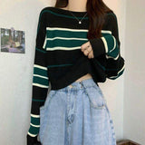Design Sense Striped Long-sleeved Knit T-shirt Women's Spring and Autumn Unique Chic High Waist Short Top