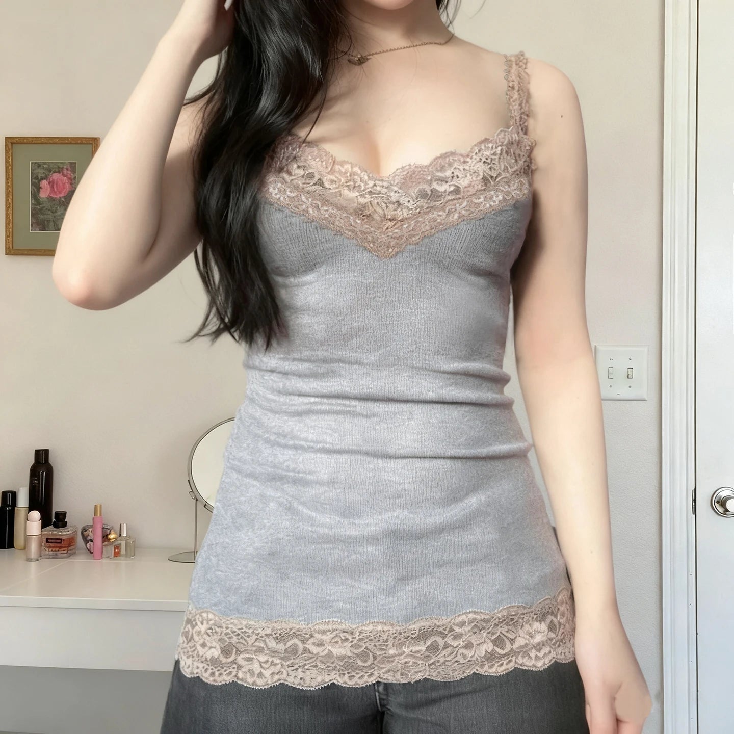 Eco - Friendly Breathable Casual Minimalist Solid Color Lace Camisole Slim Stretch Knit Tank Tops for Layering - Zeprah
