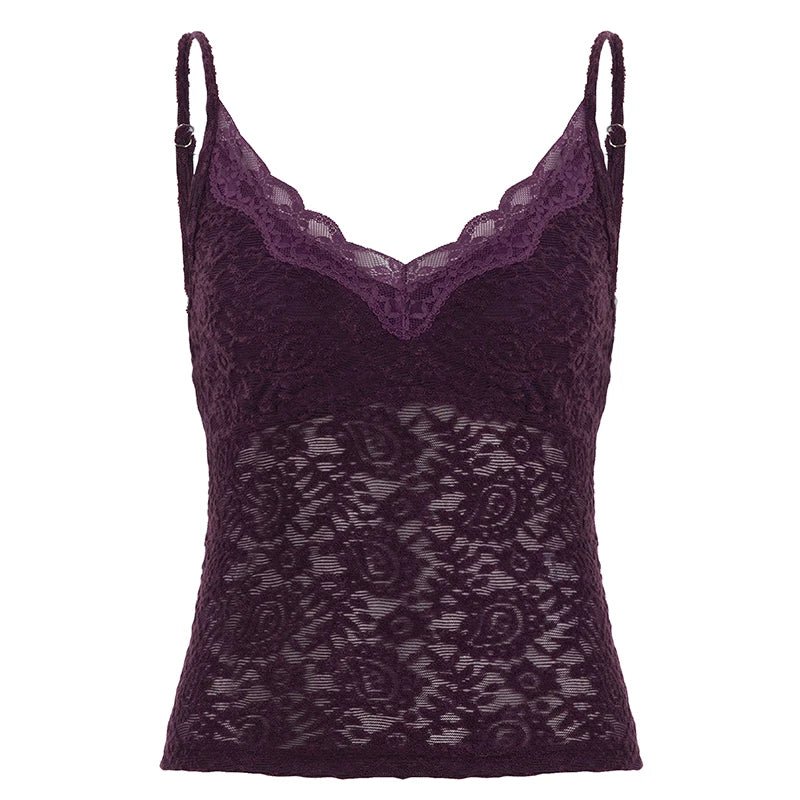 Eco - Friendly Breathable Lace Slim Fit V - neck Camisole Stretch Minimalist Solid Color Sleeveless Top - Zeprah
