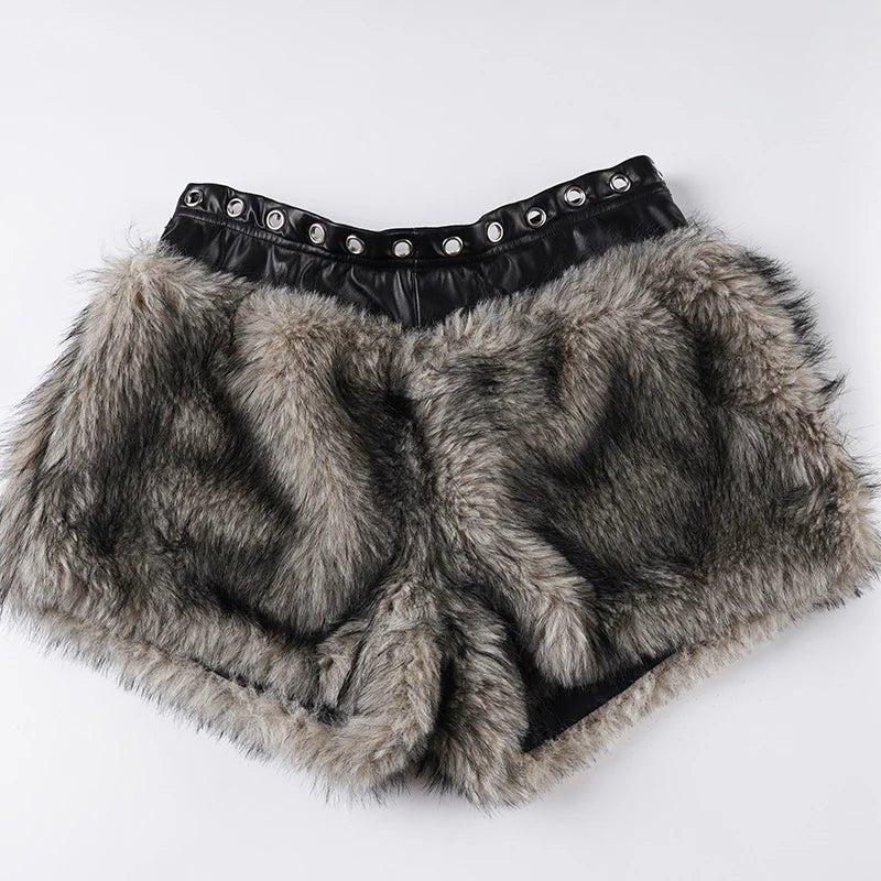 Eco - Friendly Woven Velvet Faux Fur Patchwork Hot Regular Fit Low Waist Women's Shorts - Zeprah