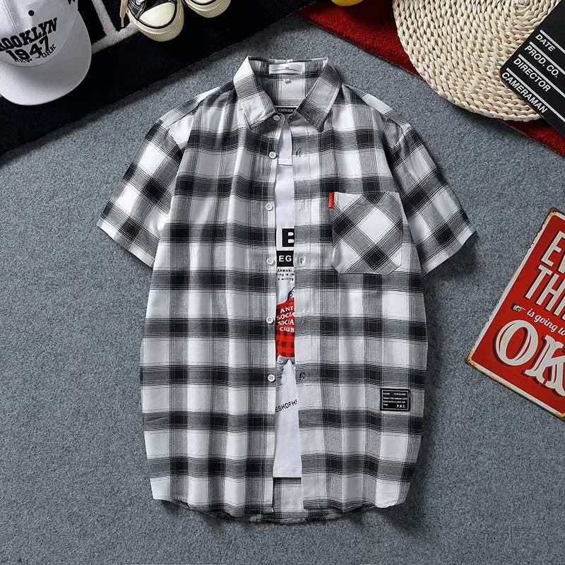Men's Summer Plaid Short Sleeve Shirt, Korean Slim Fit Thin Casual Blouse, Trendy Handsome Teen Couple Shirts