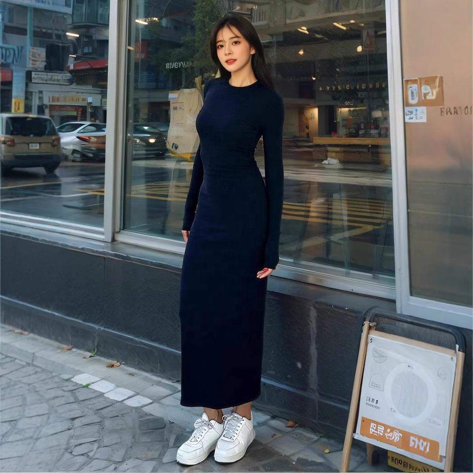 Trendy Hot Girl Crew Neck Dress Long Sleeve Slim Fit Bodycon Maxi Figure-Flattering Essential Slimming Long Dress for Women