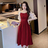 Women Burgundy Color Block Puff Sleeve Midi Dress Pearl Trim Square Neck High Waist A Line Dress