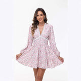 Women's Casual Summer Dress Sexy V Neck Long-Sleeved Dress Flowy Ruffle Trendy Short Mini Dresses