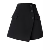 Women High Waist Button Irregular Skort Solid Suit Fabric Wrap Mini Skirt Office Elegant Ladies Short Skirts With Faux Pockets