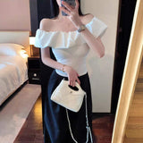 Women Off Shoulder Ruffle Flounce Top Side Ruched Waist Slim Cropped Blouse Multiple Colors Casual Tee