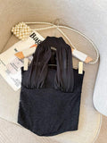 Women Mesh Cutout Halter Tank Top Back Self Tie Big Bow Irregular Curved Hem Slim Fit Sleeveless Cropped Camisole Vest