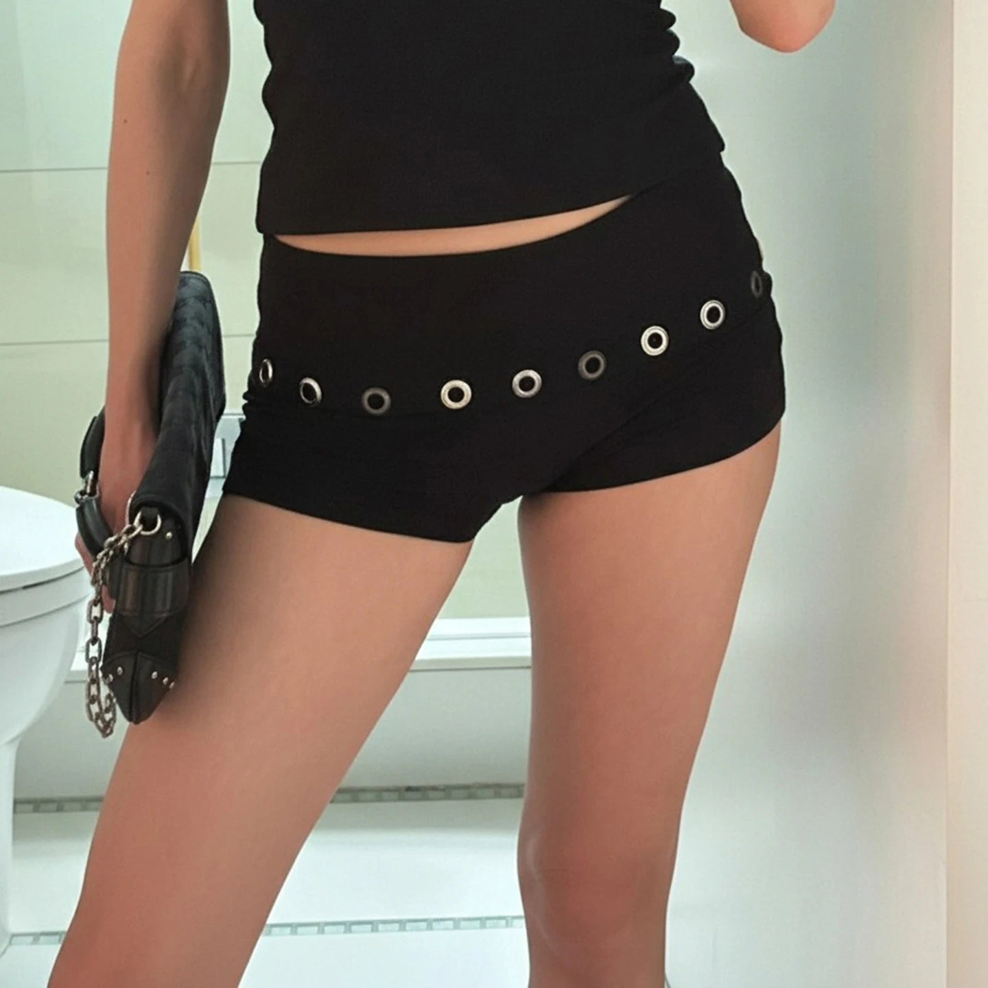 Edgy Cut - Out Studded Gothic Patchwork Breathable Woven Skinny Fit Women's Shorts Sizzling Hot Dance Clubwear - Zeprah