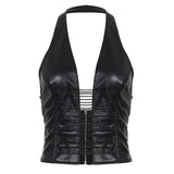Edgy Punk Halter Top for Women Sizzling Deep V Neck Backless Spandex/Polyester Ruched Breathable Eco - Friendly Sexy Club Solid - Zeprah