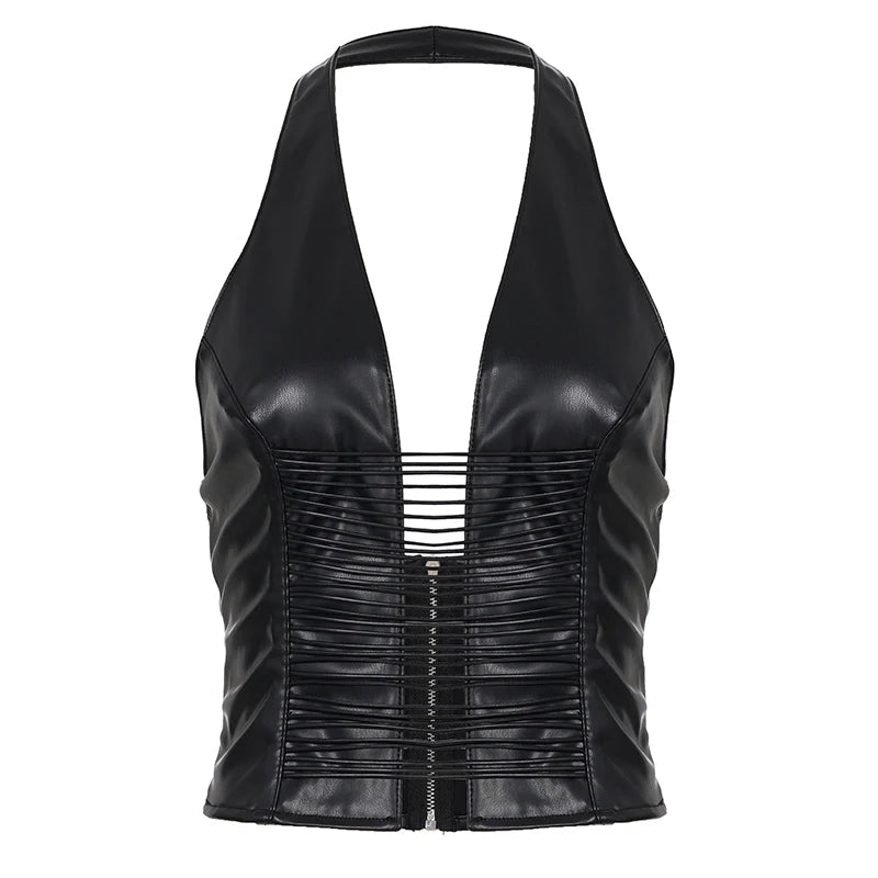 Edgy Punk Halter Top for Women Sizzling Deep V Neck Backless Spandex/Polyester Ruched Breathable Eco - Friendly Sexy Club Solid - Zeprah