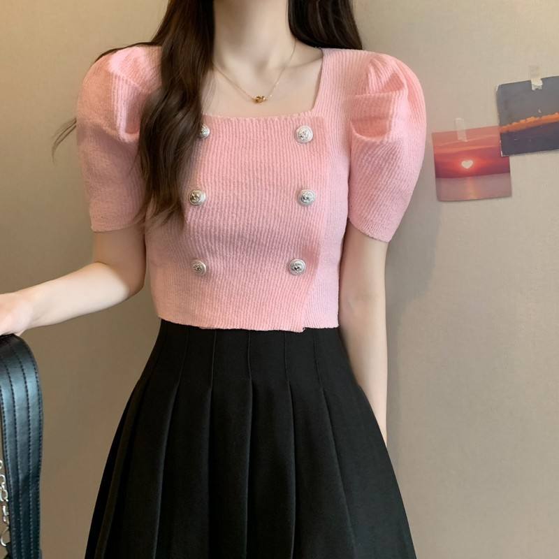 Slim-fit Short-sleeved Blouse Knitted T-shirt for Women Trendy Short-Sleeved Tee