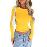 Women Long Sleeve Ruched Crop Top Solid Slim Fit Stretch Basic Y2K Cropped T Shirt Multi Color Casual Daily Ladies Tees