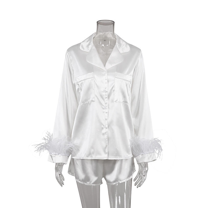 Women's 12-Color Satin Nightwear Pajamas Set Long Sleeve Shorts with Detachable Silk Feather for Summer Autumn Spring