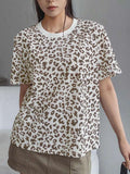2026 New Arrival Women's Leopard Print Ribbed Knit T-Shirt, Contrast Color Casual Short Sleeve Top
