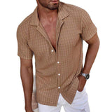 Men Hollow Waffle Knit Short Sleeve Shirt Breathable Textured Button up Shirt Summer Beach Casual Shirts for Men