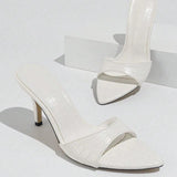 Elegant Women's White Stiletto Sandals - Stone-Patterned Pointed-Toe High Heels with Single Strap