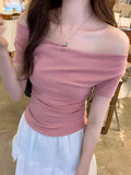 Slim-fit Women's Clothing Straight Shoulder Tops for Women Solid Short-Sleeved Tee