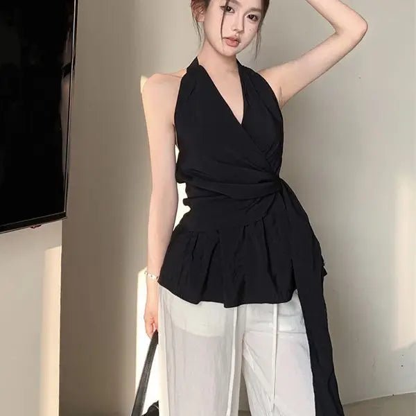 Elegant Backless Neck Sleeveless Shirt Women's Summer Tight Waist Strap Design Shirt Top - Zeprah