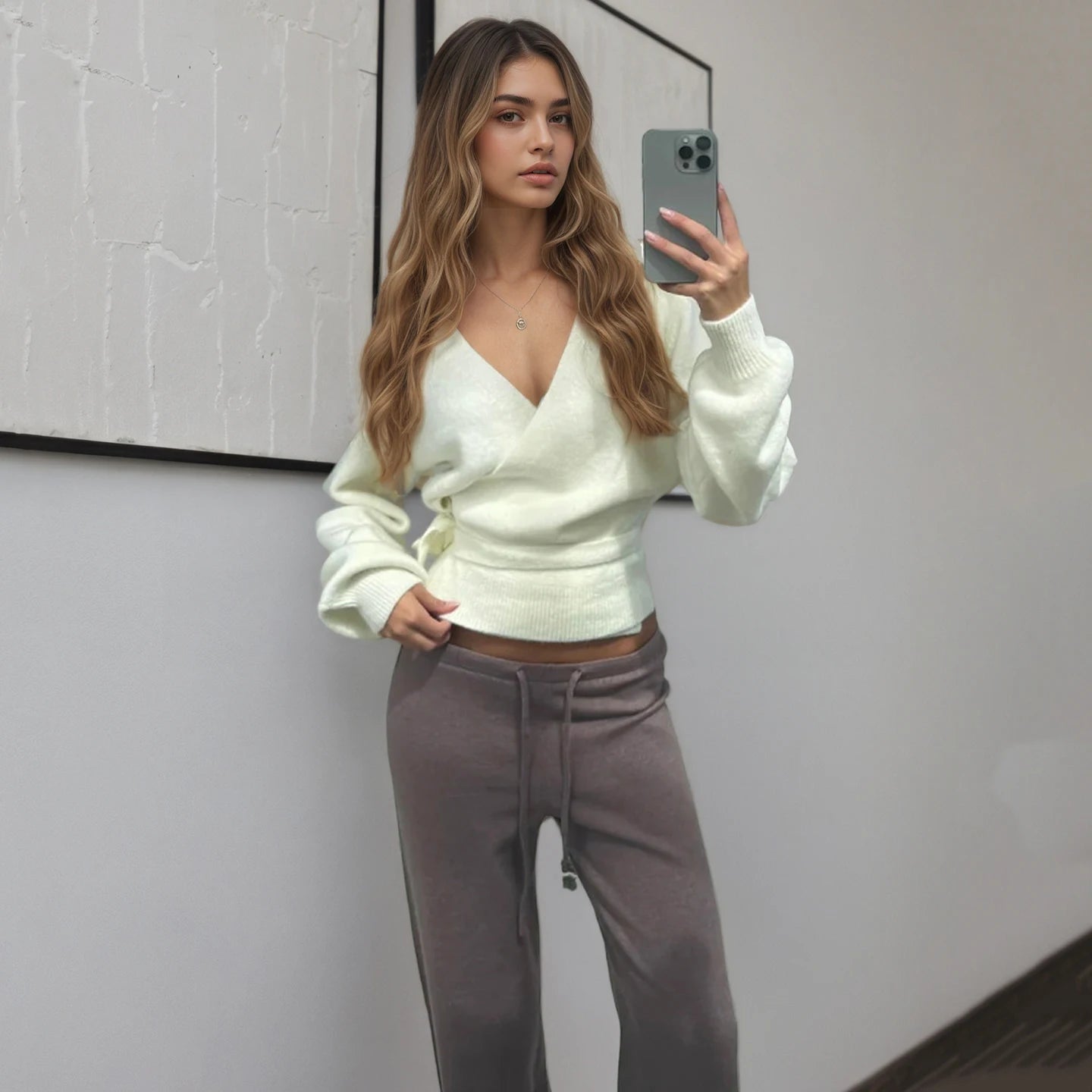 Elegant Belted V Neck Casual Cardigan Women's Soft Solid Color Slim Fit Long Sleeve Knit Top - Zeprah