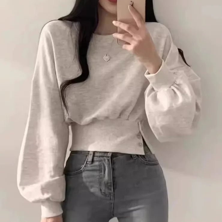 Elegant Buckle Long - sleeved Top Crewneck Loose - fit Women's Long Sleeve Top - Zeprah