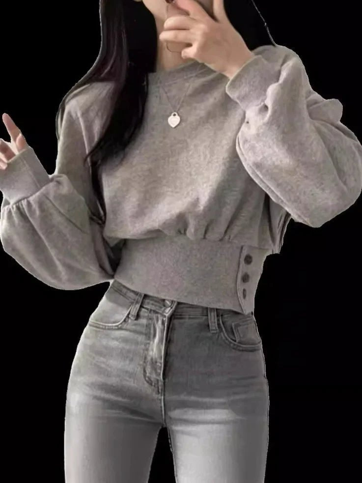 Elegant Buckle Long - sleeved Top Crewneck Loose - fit Women's Long Sleeve Top - Zeprah