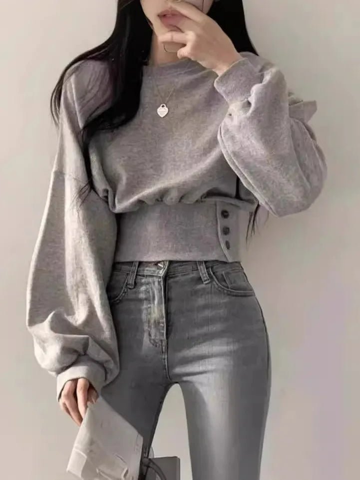 Elegant Buckle Long - sleeved Top Crewneck Loose - fit Women's Long Sleeve Top - Zeprah