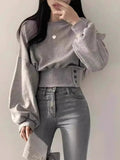 Elegant Buckle Long - sleeved Top Crewneck Loose - fit Women's Long Sleeve Top - Zeprah