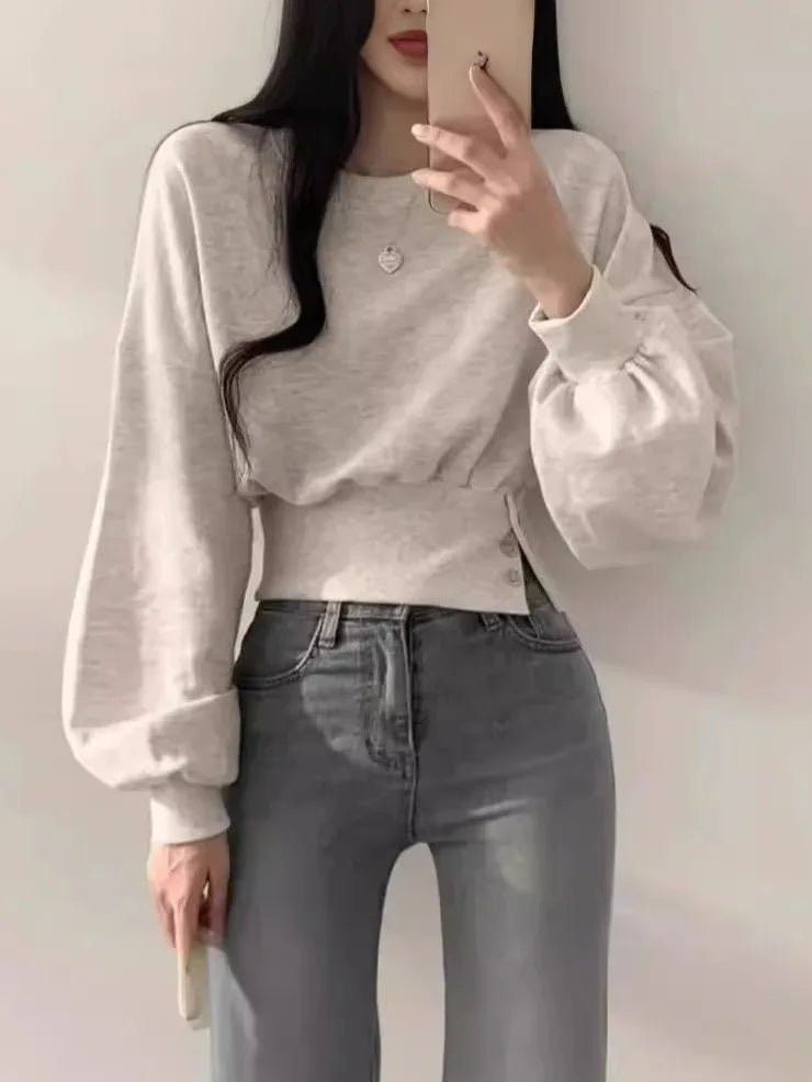 Elegant Buckle Long - sleeved Top Crewneck Loose - fit Women's Long Sleeve Top - Zeprah