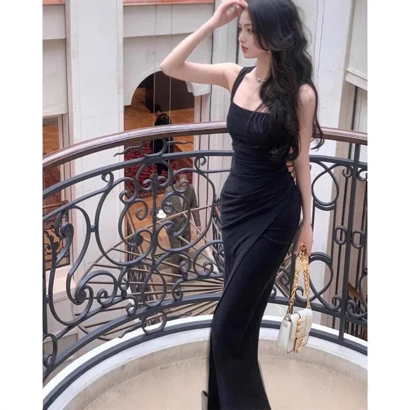 Elegant French Square Neck Sling Dress Waist - Cinching with Slit Korean Dresses Premium Evening Gown for Annual Party - Zeprah