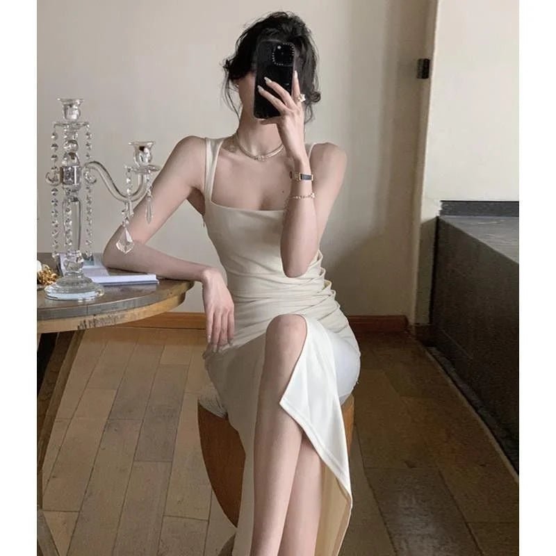 Elegant French Square Neck Sling Dress Waist - Cinching with Slit Korean Dresses Premium Evening Gown for Annual Party - Zeprah