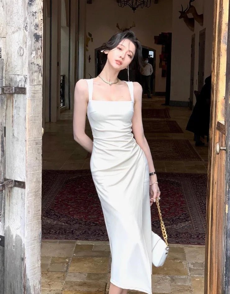 Elegant French Square Neck Sling Dress Waist - Cinching with Slit Korean Dresses Premium Evening Gown for Annual Party - Zeprah