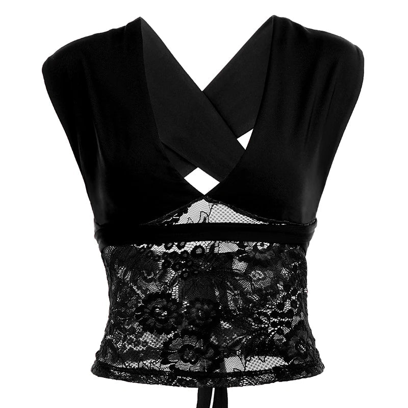 Elegant Sexy V - neck Breathable Eco - Friendly Knitted Short Tank Tops Backless Design with Lace Trim - Zeprah