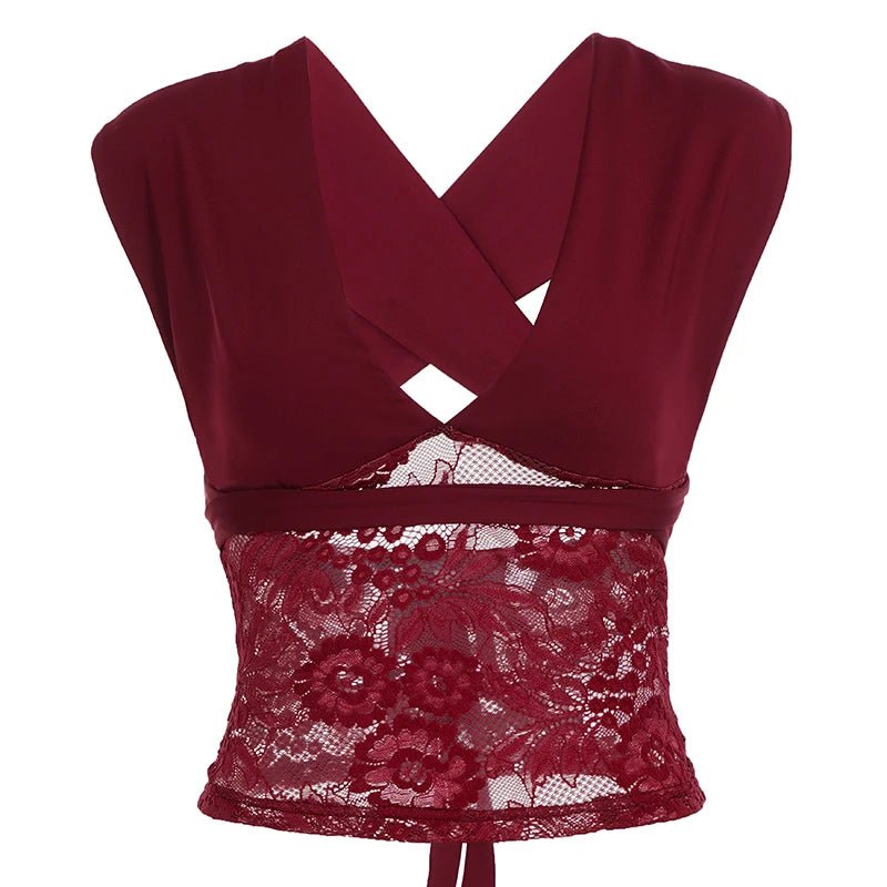 Elegant Sexy V - neck Breathable Eco - Friendly Knitted Short Tank Tops Backless Design with Lace Trim - Zeprah