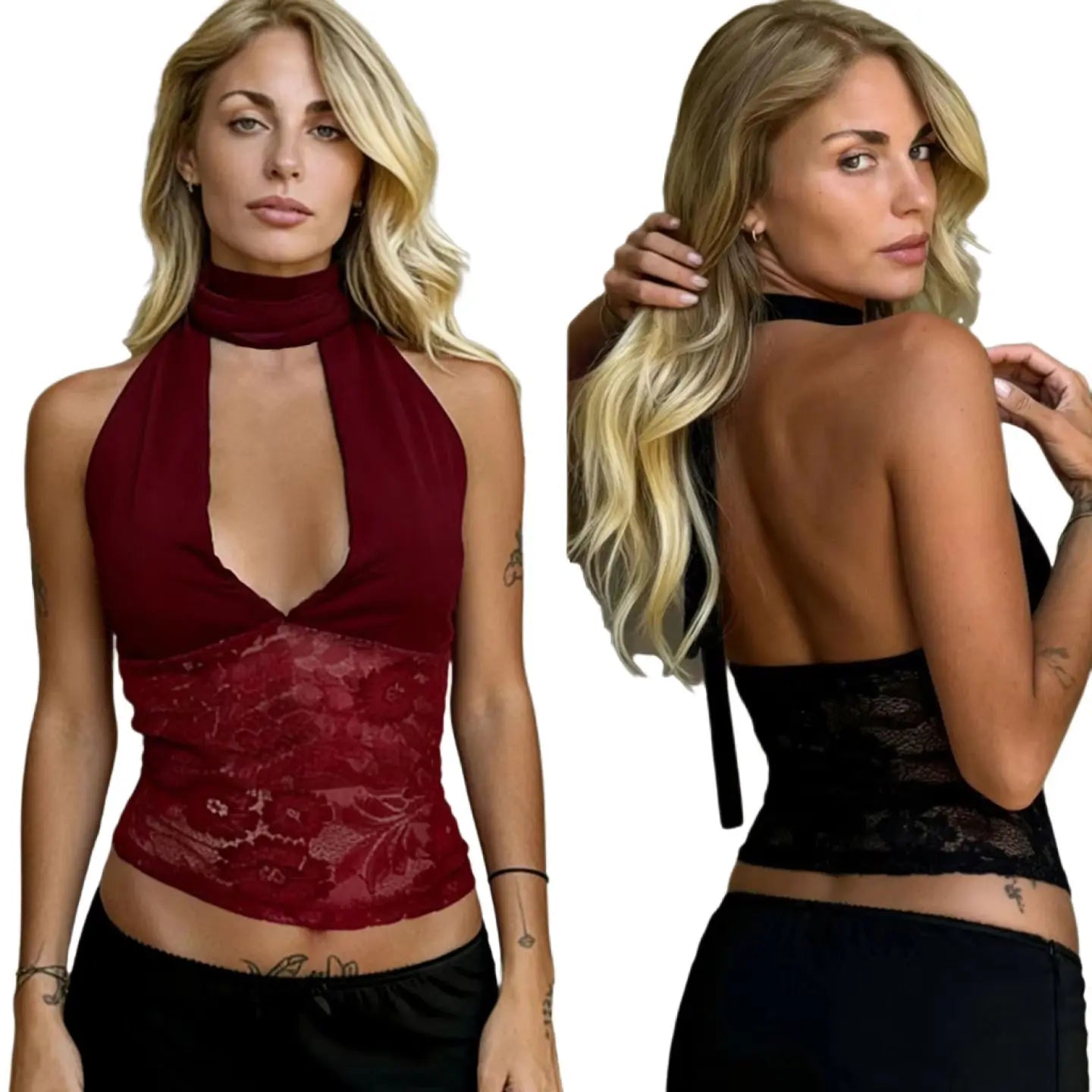 Elegant Sexy V - neck Breathable Eco - Friendly Knitted Short Tank Tops Backless Design with Lace Trim - Zeprah