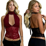 Elegant Sexy V - neck Breathable Eco - Friendly Knitted Short Tank Tops Backless Design with Lace Trim - Zeprah