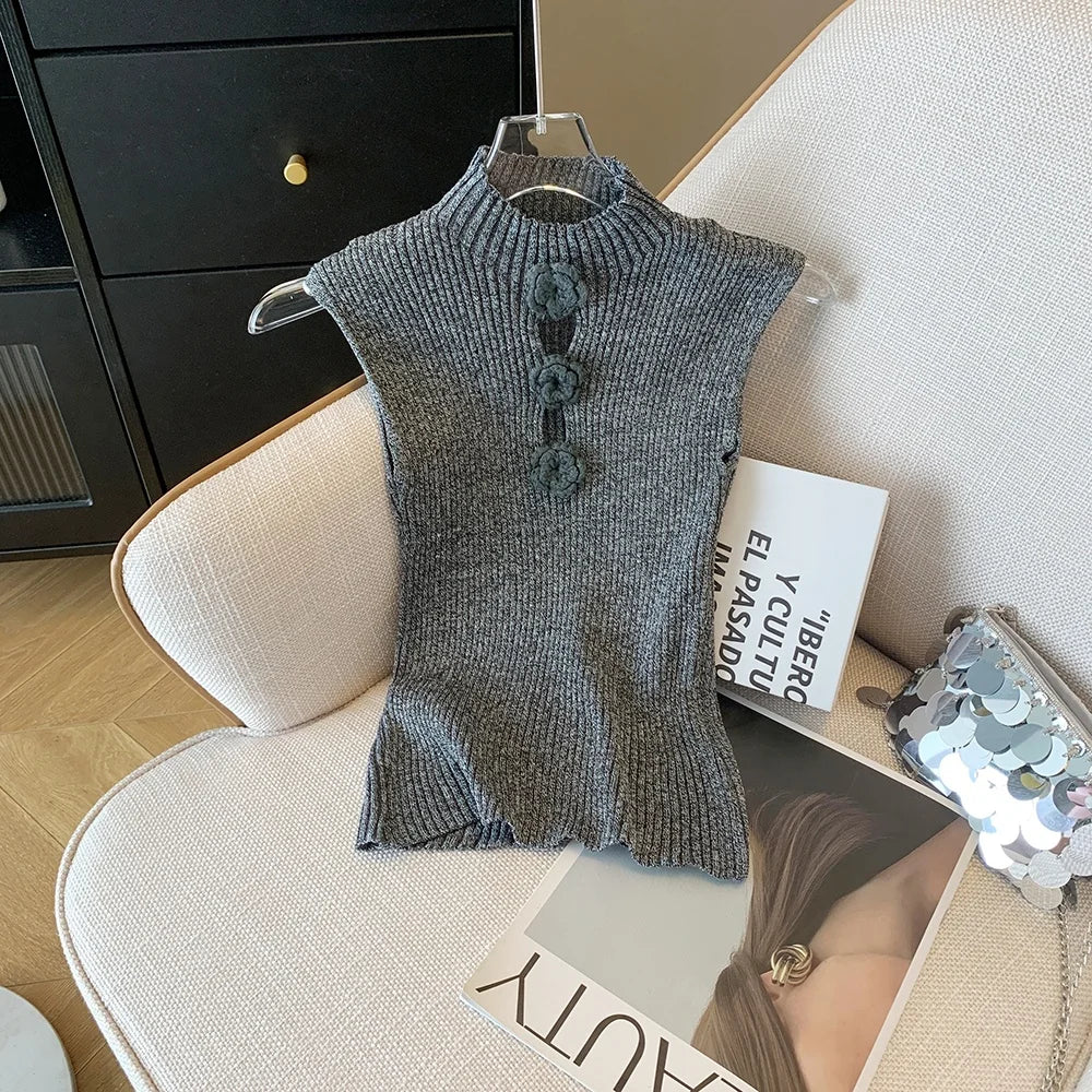 Elegant Solid Vintage Sleeveless Women's Top Stretch Knitted Tight Vest Fashionable Slim Fit Short Tank Top - Zeprah