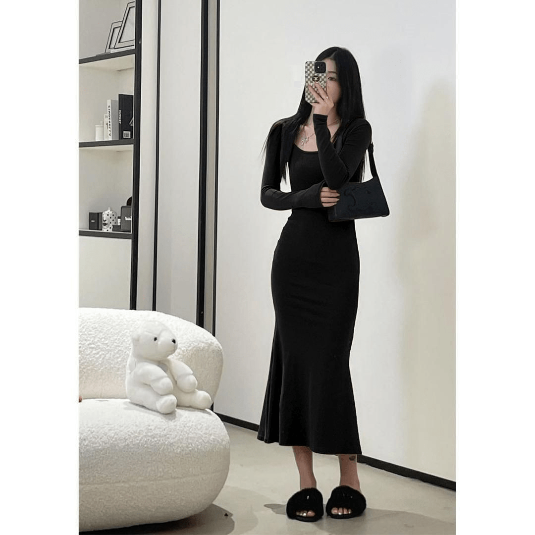 Elegant Square Neck Fishtail Dress | Women's Sexy Long Sleeve Hip Wrap Maxi | Sweet Solid Polyester Skinny Fit | Anti - Wrinkle Breathable Gown - Zeprah