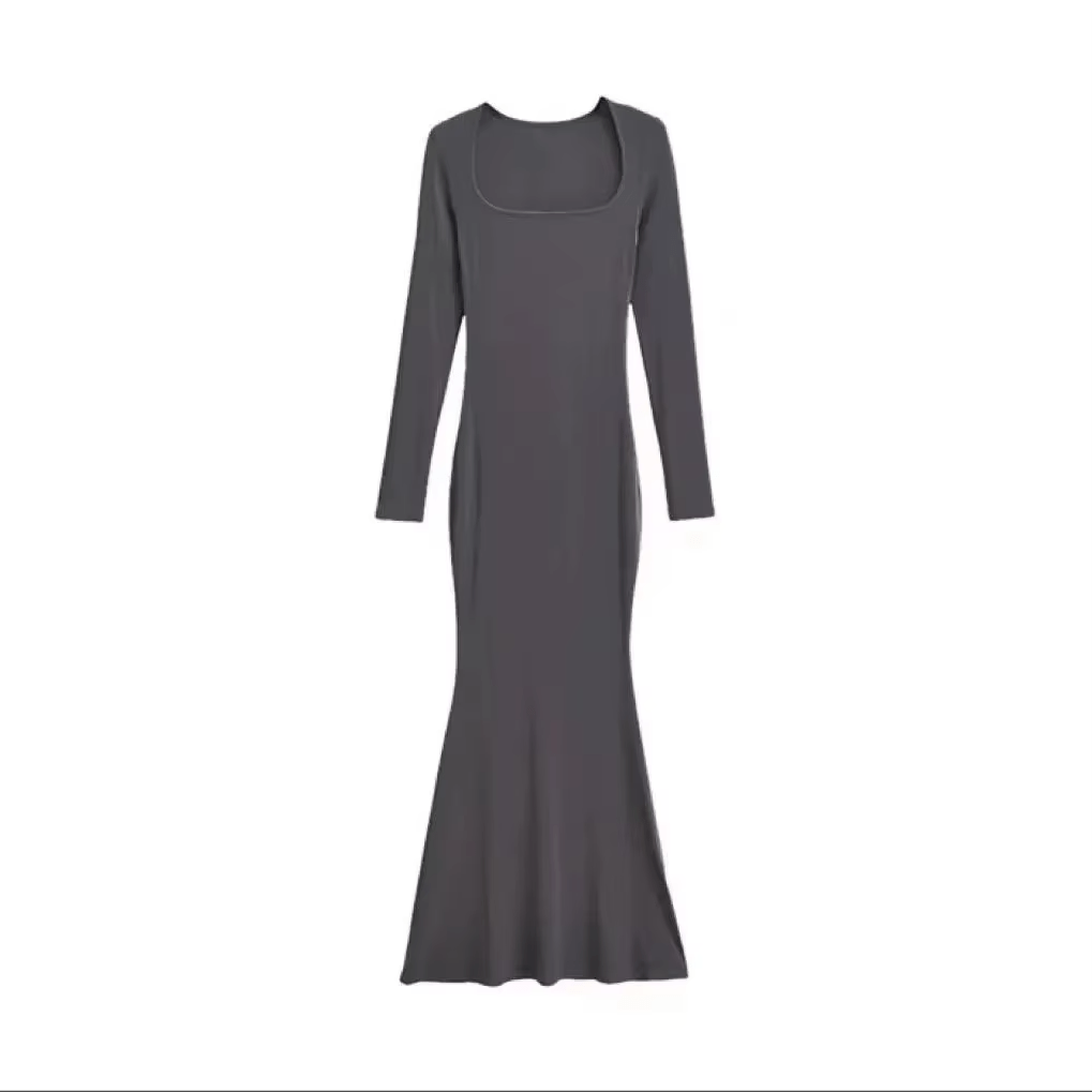 Elegant Square Neck Fishtail Dress | Women's Sexy Long Sleeve Hip Wrap Maxi | Sweet Solid Polyester Skinny Fit | Anti - Wrinkle Breathable Gown - Zeprah