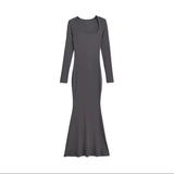 Elegant Square Neck Fishtail Dress | Women's Sexy Long Sleeve Hip Wrap Maxi | Sweet Solid Polyester Skinny Fit | Anti - Wrinkle Breathable Gown - Zeprah
