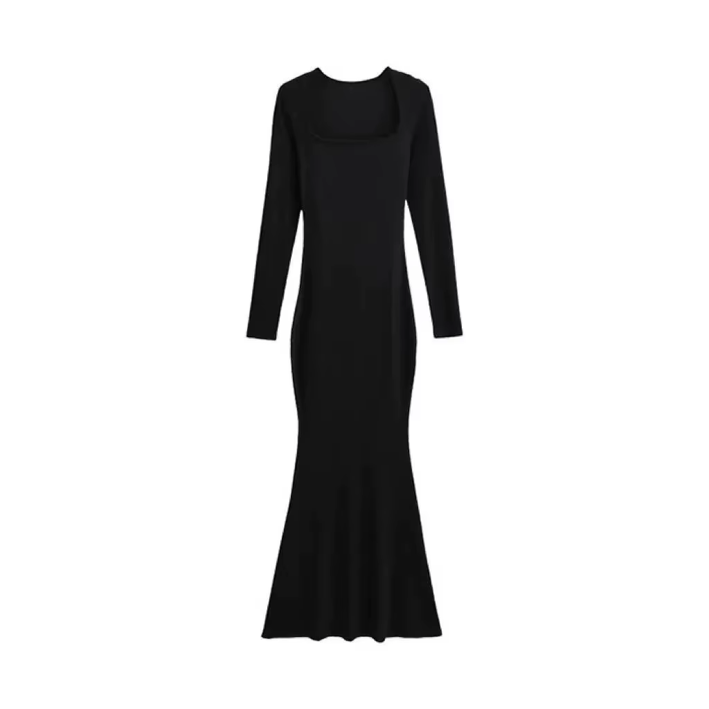 Elegant Square Neck Fishtail Dress | Women's Sexy Long Sleeve Hip Wrap Maxi | Sweet Solid Polyester Skinny Fit | Anti - Wrinkle Breathable Gown - Zeprah