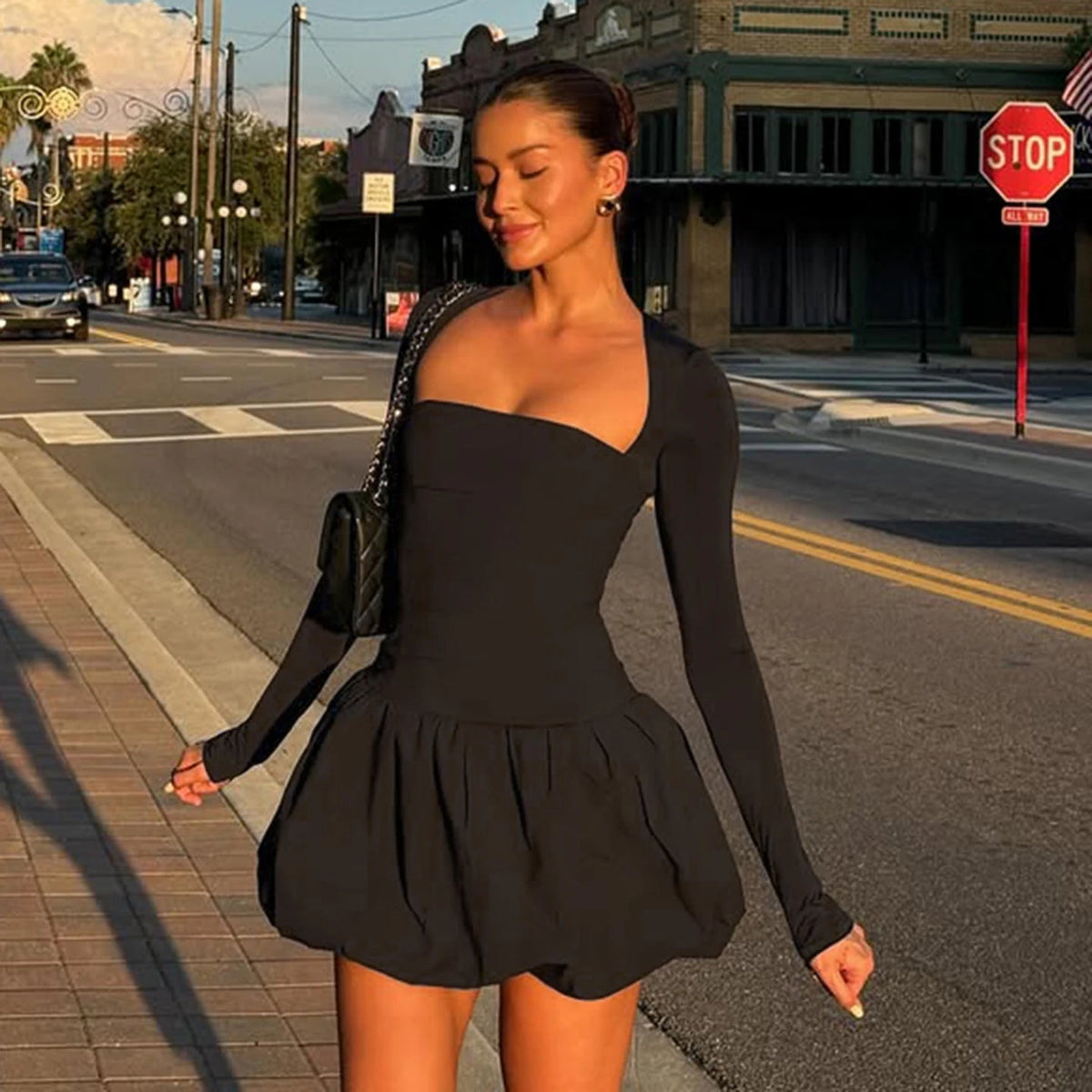 Elegant Stretchy Blossom Dress Square Neck Solid Color Slim Fit Long Sleeve for Party - Zeprah