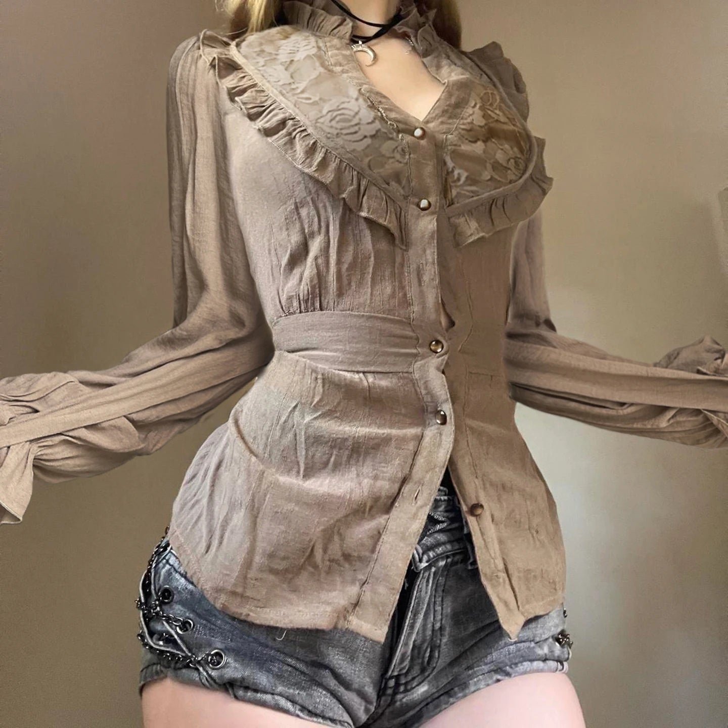 Elegant Tied - Waist V - Neck Blouse | Renaissance & Retro Style | Lace Trim & Eco - Friendly Fabric - Zeprah