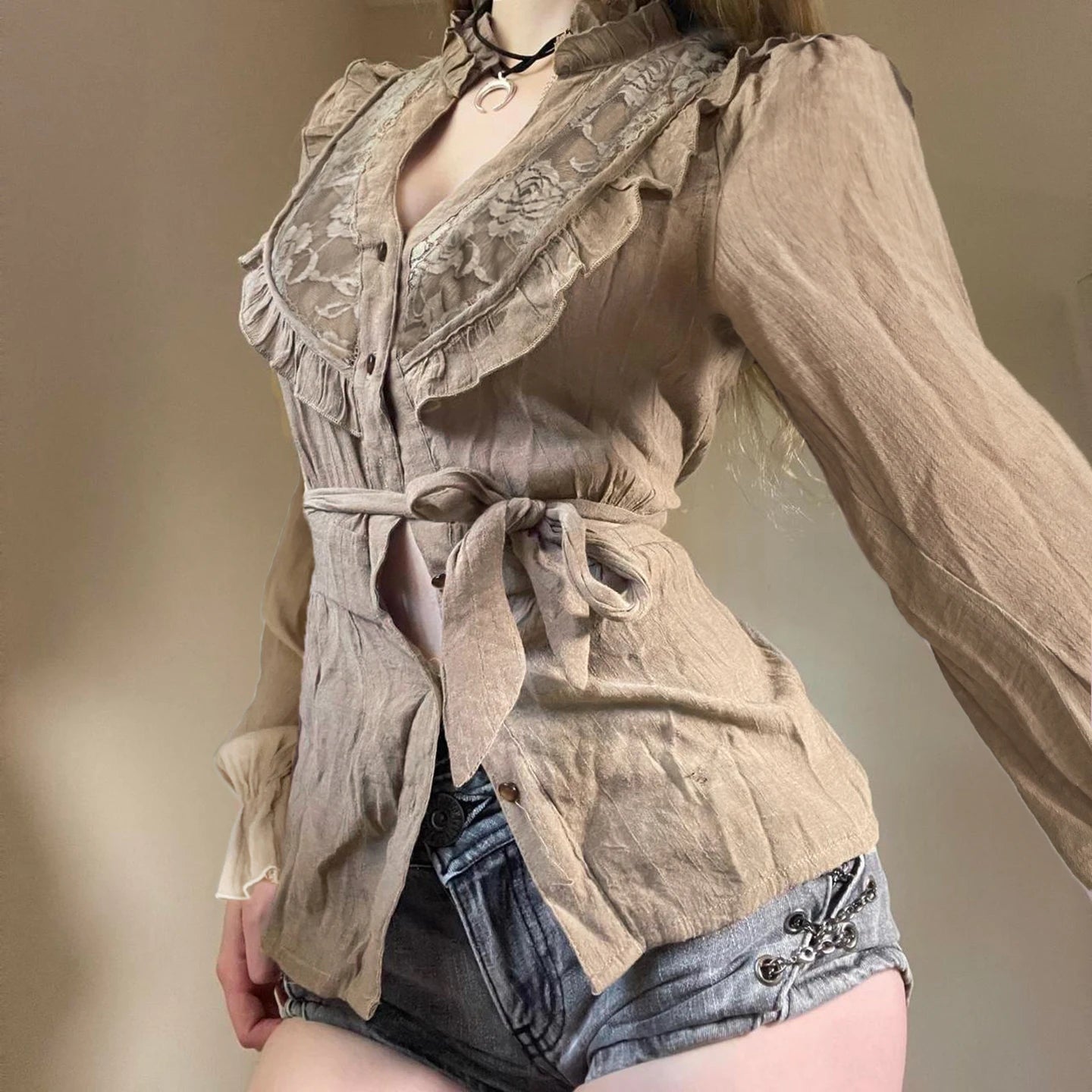 Elegant Tied - Waist V - Neck Blouse | Renaissance & Retro Style | Lace Trim & Eco - Friendly Fabric - Zeprah