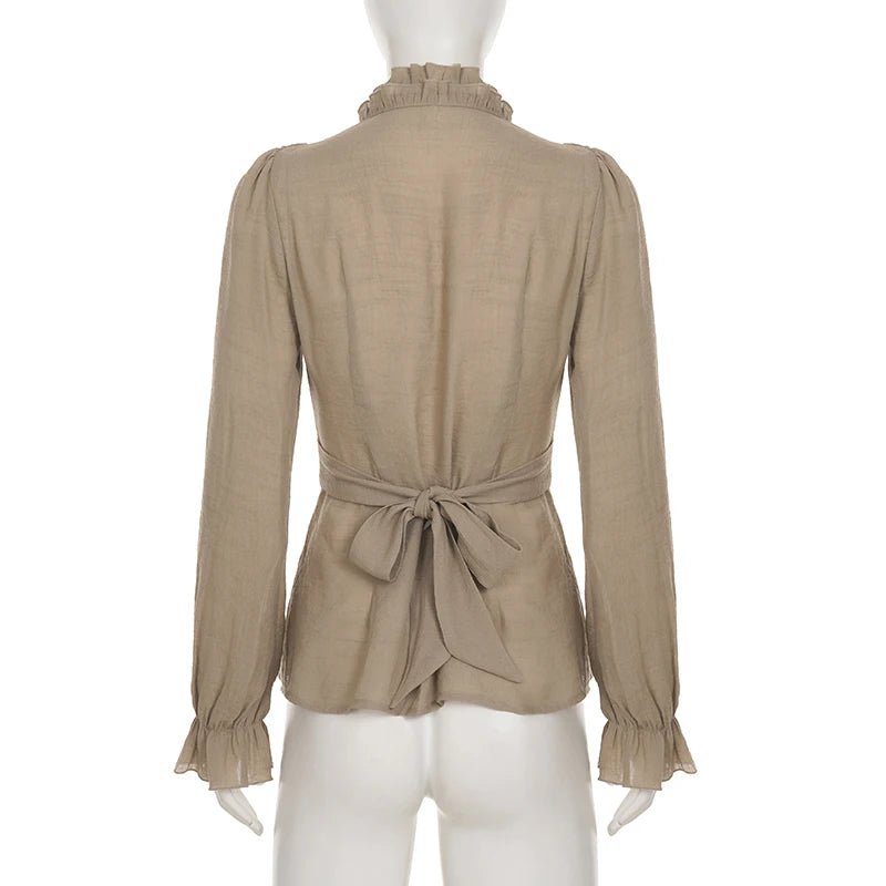 Elegant Tied - Waist V - Neck Blouse | Renaissance & Retro Style | Lace Trim & Eco - Friendly Fabric - Zeprah