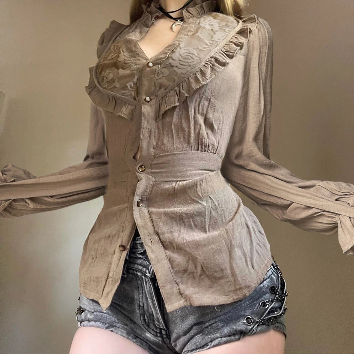 Elegant Tied - Waist V - Neck Blouse | Renaissance & Retro Style | Lace Trim & Eco - Friendly Fabric - Zeprah