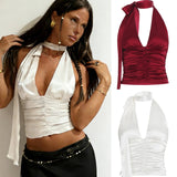 Elegant V - neck Satin Tank Tops with Tie Back Pleated Detail Bodycon Regular Eco - Friendly Breathable Casual - Zeprah