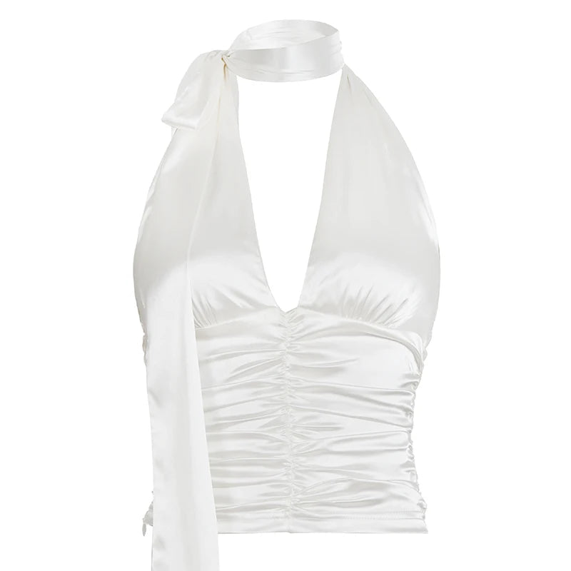 Elegant V - neck Satin Tank Tops with Tie Back Pleated Detail Bodycon Regular Eco - Friendly Breathable Casual - Zeprah