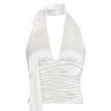 Elegant V - neck Satin Tank Tops with Tie Back Pleated Detail Bodycon Regular Eco - Friendly Breathable Casual - Zeprah
